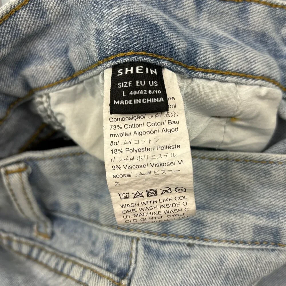 SheIn Distressed Wide Leg Women's size L 8 10 Light Wash Blue Denim jeans   Grea